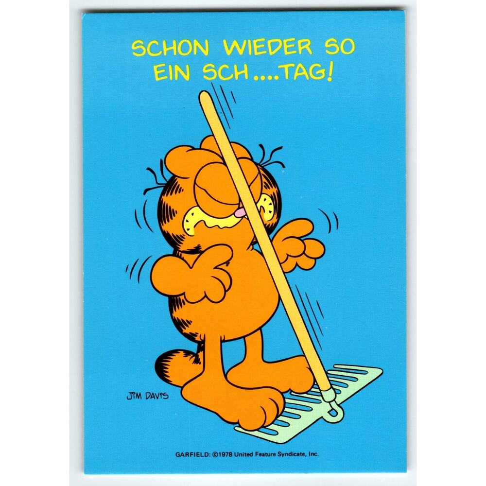Garfield 1978 Jim Davis Postcard German Blue Comic Rake gag Continental 6x4